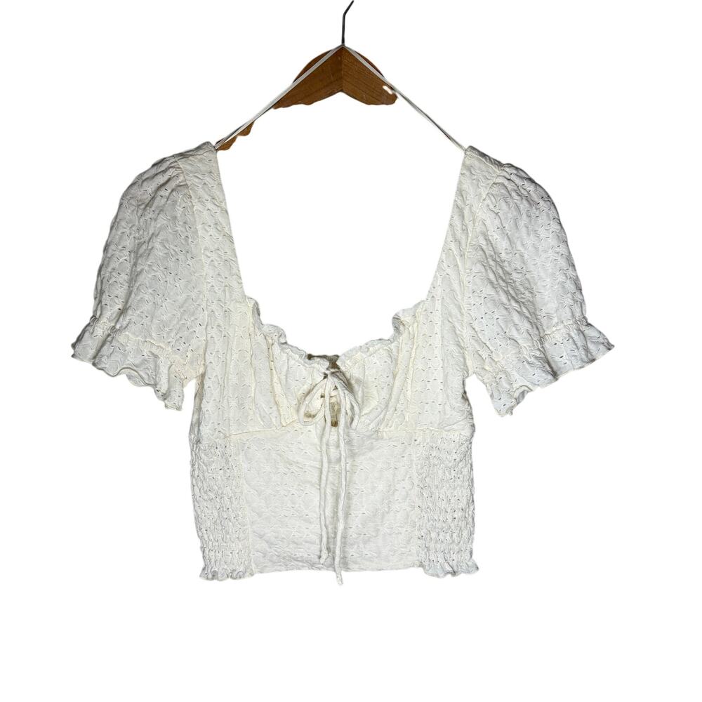 KIROUS Top Cream Baby Doll Puff Sleeve Crop Festival Smock Coquette Prairie L